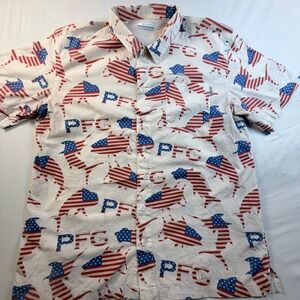 Columbia PFG Fishing Shirt Mens‎ M USA Flag Fish Print Vented Cotton Button Up